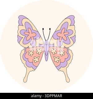 Groovy Retro Butterfly Floral Sticker Lid Stock Vector