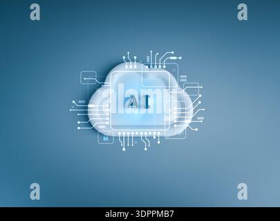 Cloud computing with 3d AI letters and circuit board graphics. Concept of artificial intelligence, cloud technology, big data processing, and digital Stock Photo