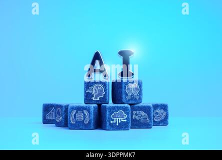 AI concept with 3d letters on cubes with digital icons on blue background. Artificial intelligence functions, data processing, cloud computing, automa Stock Photo