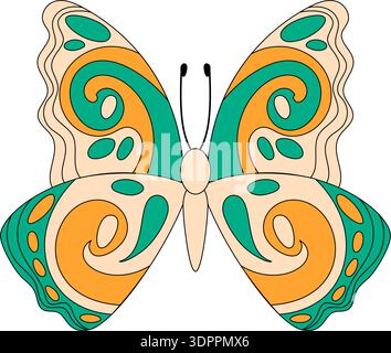 Groovy Retro Butterfly With Psychedelic Pattern Stock Vector