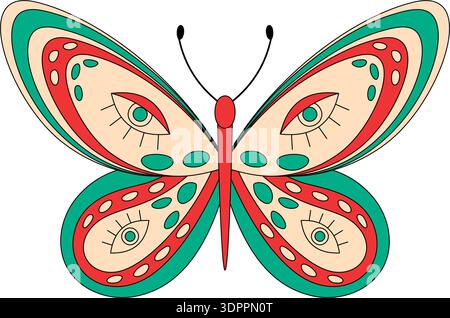 Psychedelic Groovy Butterfly Sticker Pattern Stock Vector