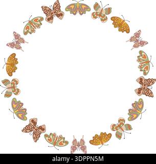 Groovy Retro Butterfly Seamless Circle Frame Pattern Stock Vector