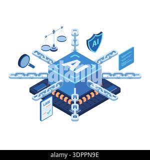 Isometric AI Processor Chip with Legal Chains and Symbols. AI Regulation Concept Stock Vector