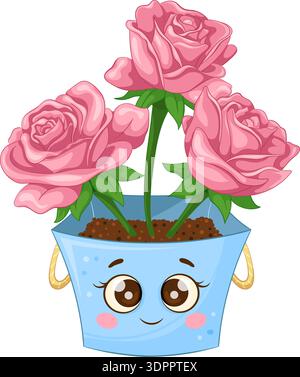 Cute smiling rose flower with yellow flower in pink pot, cheerful cartoon face with big eyes. house plant. Stock Vector