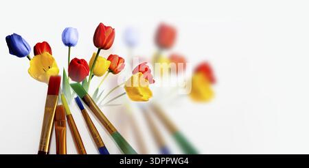 Blurry effect on tulips and paintbrushes, creating a duplicated visual, copy space artistic concept of art and colors Stock Photo