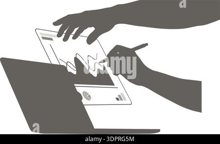 Business Analytics and Financial Data Review Concept – Team Collaboration with Tablet and Laptop Silhouette Illustration Stock Vector