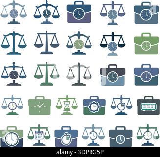 Time Management and Legal Balance Flat Icon Set – Editable Business Briefcase, Clock and Justice Scale Vector Collection Stock Vector