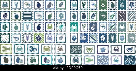 Vintage Marine Postage Stamp Collection – Coastal Seafood, Citrus and Botanical Decorative Vector Set Stock Vector