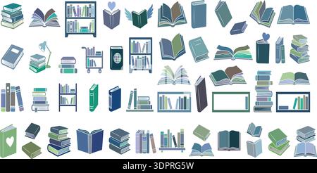 Books and Library Flat Icon Set – Editable Reading, Bookshelf, Study and Education Vector Collection Stock Vector