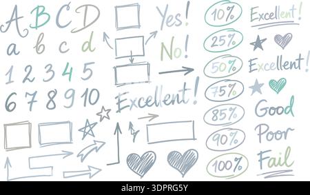Hand Drawn Education and Feedback Doodle Set – Editable Rating, Percentage, Alphabet and Evaluation Vector Elements Stock Vector