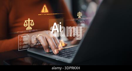 Business woman using laptop with AI ethics, law, and policy icons. Concept of artificial intelligence regulation, legal compliance, digital governance Stock Photo