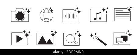 Ai generated audio or media icon set. Ai star sparkle symbol, creative artificial intelligence and machine learning technology concept. Generative AI. music generated, image generate, magic pencil. Vector illustration Stock Vector