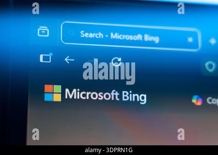 Microsoft Bing search engine homepage displayed on a computer screen with the official logo, browser tab, and navigation icons, representing web searc Stock Photo