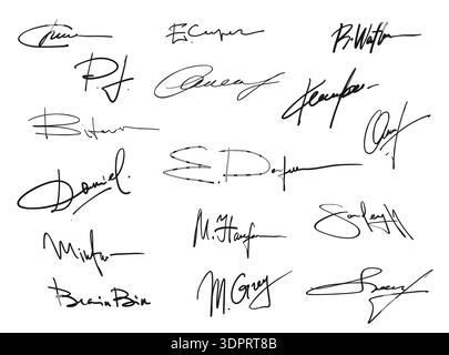 Business signature and autographs set. Handwritten vector elegant cursive handwriting marks showing personal identity, authentication, business approval and legal document signing in black ink font Stock Vector