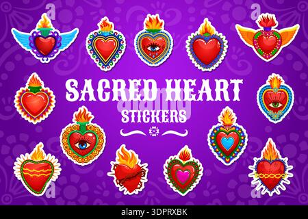 Cartoon Mexican sacred hearts vector stickers. Ornate sacred hearts glow with red and gold tones, surrounded by fire, angel wings and eye motifs. Mexican folk, tattoo, day of the dead hearts patches Stock Vector