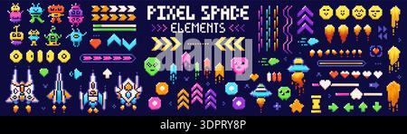Color images of pixel art UFO, raiders, spaceships, and other game elements on dark blue background. Stock Vector