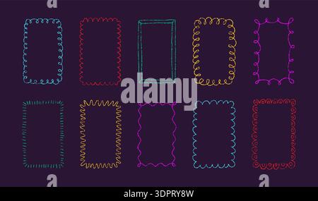 Crayon doodle scalloped frames. Chalk wavy hand drawn borders. Neon cute rectangle photo frames with crayon texture. Wavy sketch line mirror borders Stock Vector
