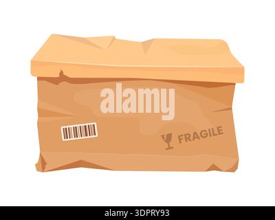 Crumpled and damaged cargo vector box, broken ripped parcel cardboard package. Crushed cargo box with folded corners, torn edges and fragile stamp on surface. Rough transportation, mishandled delivery Stock Vector