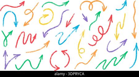 Crayon brush arrow signs. Color doodle chalk direction line. Hand drawn grunge arrows with pencil texture. Sketch crayon drawing design elements set Stock Vector