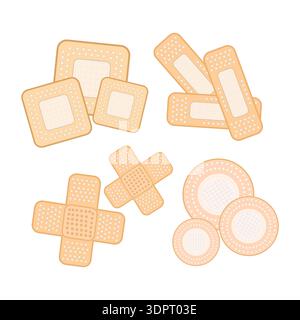 Medical adhesive bandages set on white background. Collection of different shapes medical bandages and plasters.Various band-aid or elastoplast.Vector Stock Vector