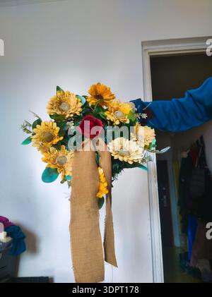 Bright Red Html Floral arrangement featuring bright yellow gerbera daisy, orange rose ...