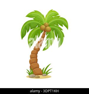 Cartoon tropical palm tree. Funny vector palm tree with coconuts for island themed graphics, travel branding, beach promotions, game assets, or summer adventure projects Stock Vector