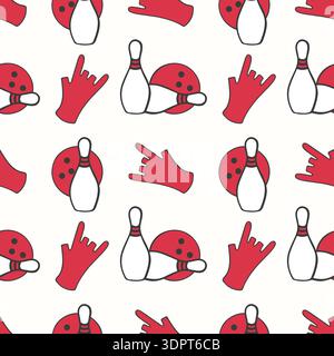 Bowling pattern with red glove, red ball and pins. Simple hand drawn doodle on light background. Vector illustration Stock Vector