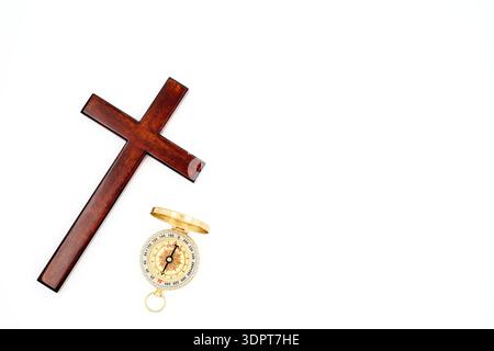 Open golden compass and Wooden on white background.  Copy space to the right side. Stock Photo