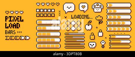 Pixel set with loading bars and white game elements. Stock Vector
