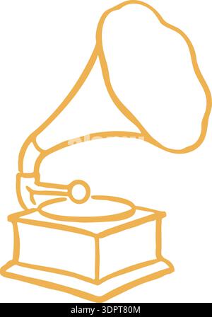 Simple line illustration of a gramophone with large horn and base in golden outline style Stock Vector