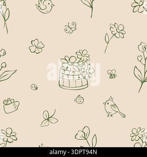 Whimsical seamless floral pattern with birds and leaves. Hand drawn outline illustration Stock Vector