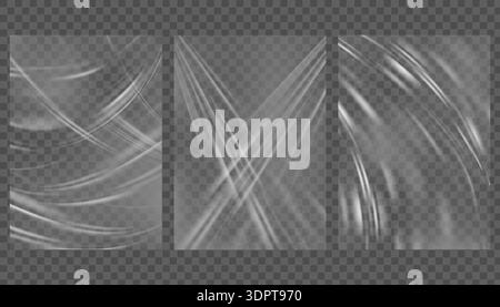 Vinyl clear film. Transparent plastic foil cover with wrinkles and folds. Textured overlay vector pvc material. Polyethylene and cellophane template Stock Vector