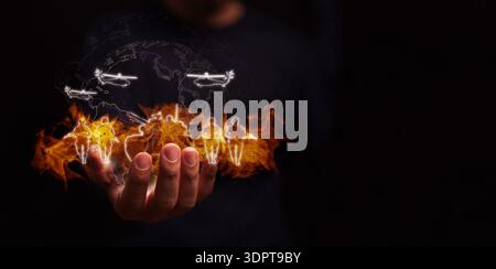 Global war concept with soldiers, tanks and fighter jets over burning globe, world map, in human hand. Military conflict, geopolitical crisis, defense Stock Photo