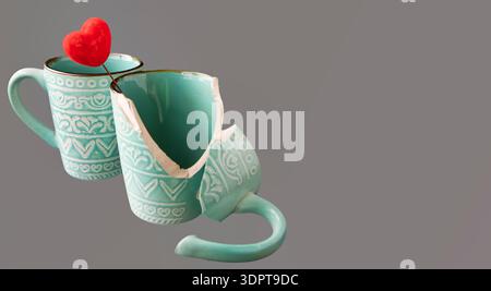 Broken turquoise ceramic cup with red heart isolated on gray background Stock Photo