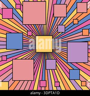 Colored geometric background. Squares of different sizes are connected by lines from the center. Flat style for cover, poster and creative design Stock Vector