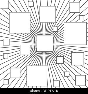 Geometric background. Squares of different sizes are connected by lines from the center. Flat style for cover, poster and creative design Stock Vector