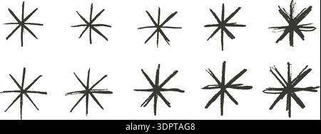 Doodle asterisk icon sign. Hand drawn sketch snowflakes set. Abstract black graphite pencil drawn stars collection. Uneven ink brush stroke snow flake Stock Vector