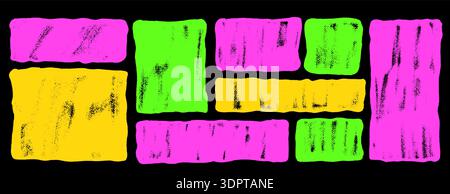 Neon colors grainy noise rectangular shapes drawn with crayon texture. Grunge frame collection with wavy edges, abstract forms and urban wall borders Stock Vector