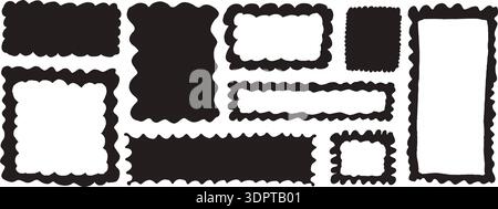 Simple rectangle frames and text boxes silhouette. Hand-drawn square borders with squiggly scalloped edges fun graphic design. Vector rectangular and Stock Vector