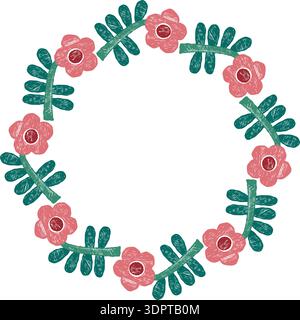 Red Flower Wreath. Floral Round Frame Crayon Textured Hand-drawn with Empty Copy Space. Vector illustration. isolated on white Stock Vector