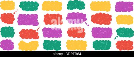 Playful crayon shape for text. Fluffy frame label and colorful childish speech bubble. Kid scalloped sticker for promo badge, scribble and doodle. Clo Stock Vector