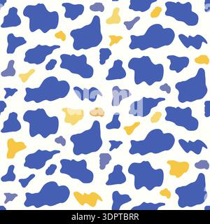 Animal pattern with blue and yellow cowhide blobs. Seamless vector design has uneven spots and patch-shaped motifs in vibrant colors. Abstract amoeba Stock Vector