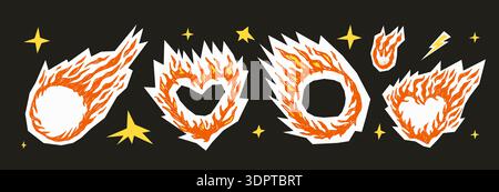Text box burning frames. Flame heart, circle doodles in crayon chalk, hand-drawn fire with grunge textures. Retro promo sticker callout graphics. Vect Stock Vector