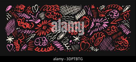 Whimsical girly pen doodles. Hand-drawn ink brush pen scribbles set. Abstract urban street wall graphics with spontaneous strokes, chaotic marks, expr Stock Vector