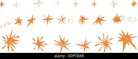 Hand drawn pastel brush magic stars. Yellow crayon twinkles sparks set. Pencil scribble star collection. Kids paint stickers blinks. Christmas simple Stock Vector