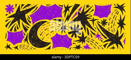 Neon punk space stars, bang text boxes. Crayon abstract geometric shapes background set. Geometry organic freeform abstract naive hand drawn scribbles Stock Vector