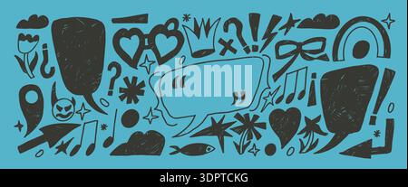 Speech bubbles with inverted spanish punctuation marks. Hand drawn pencil marker text boxes frames with devil, arrow scribble set. Crayon flowers, cal Stock Vector