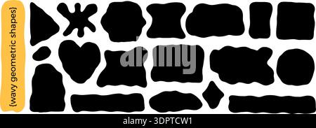 Abstract geometric elements with irregular edges. Wavy oval, square frames. Rectangle, hearts shape with wave undulate borders. Doodle blobs for text. Stock Vector
