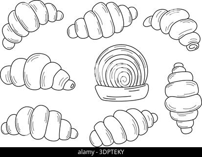Set of croissants in doodle sketch style. Delicious French pastries for breakfast, hand drawn collection. Takeaway, ready to eat dessert clip art Stock Vector