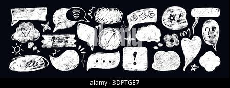 White crayon text box set. Hand drawing kids chalk speech bubble frames with grunge texture. Childish doodle talk balloons in sketch style. Comic art border, dialog chat or cloud message on chalkboard Stock Vector